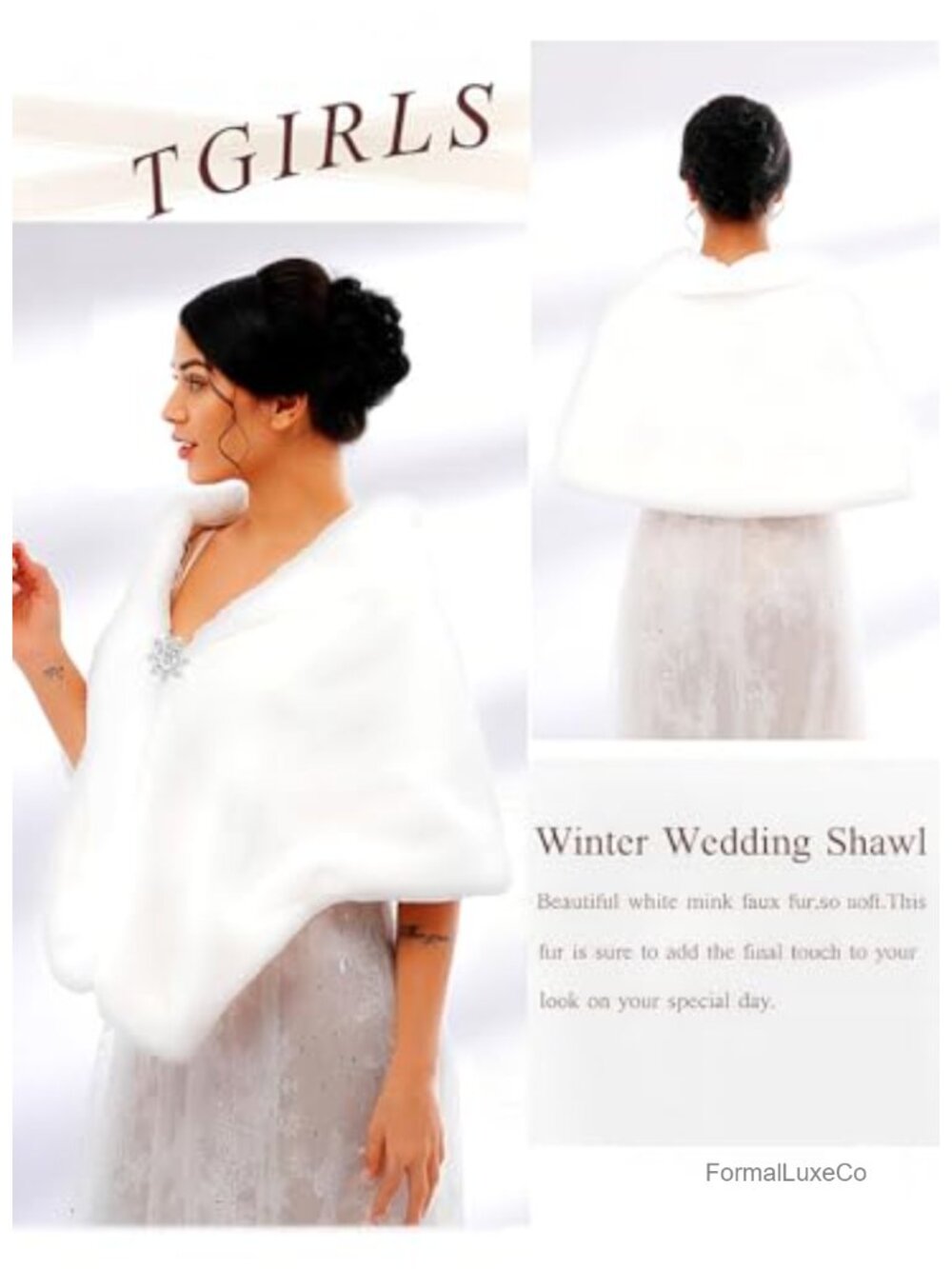 Faux Fur Wedding Shawl Wrap with Brooch for Bride Bridesmaids - Picture 2 of 6